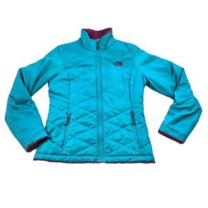 The North Face Puffer Jacket Womens Small Teal Purple Fur Lining Quilted Zip